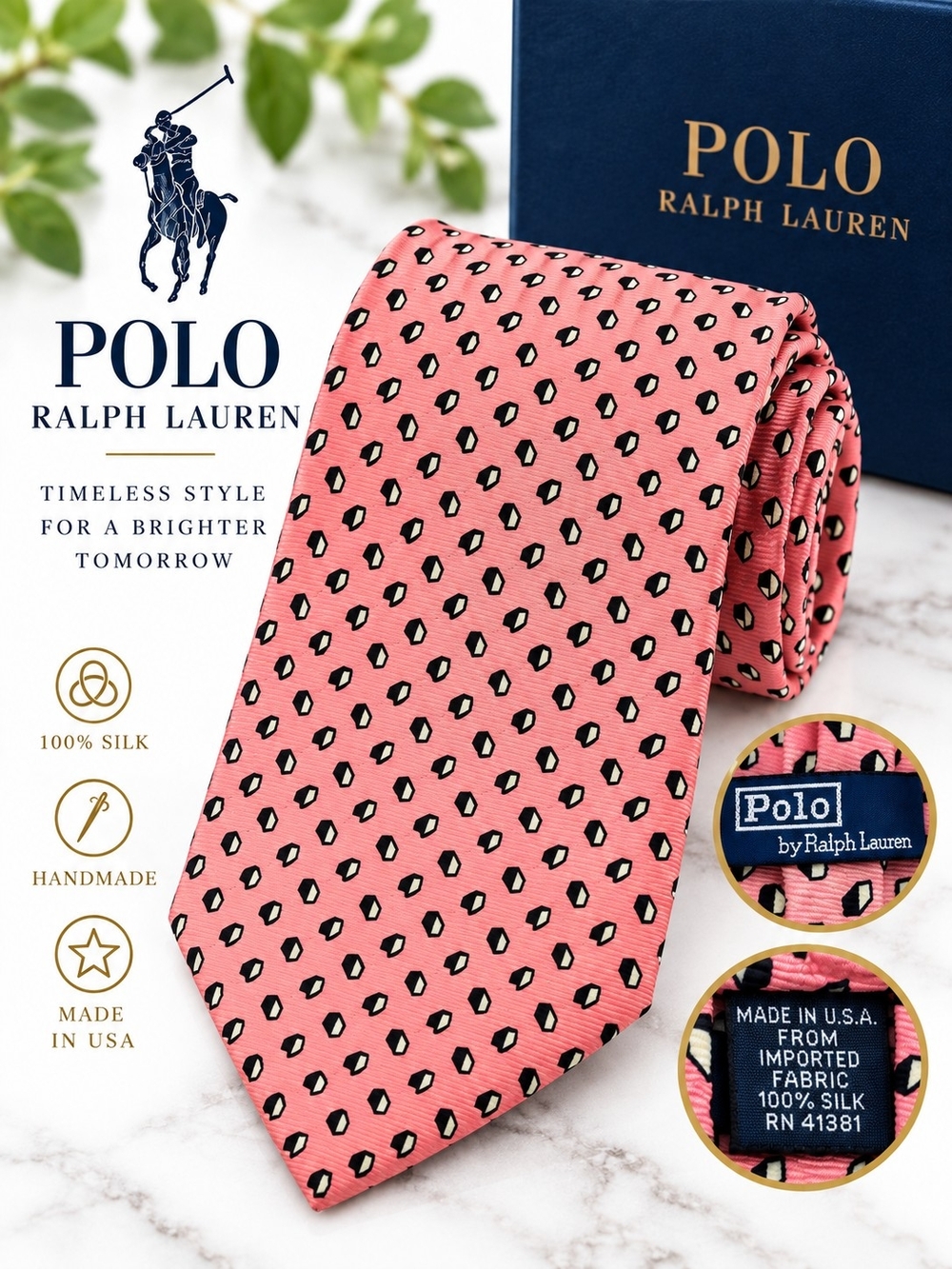Polo Ralph Lauren Vintage Pink Geometric 100% Silk Handmade Tie15